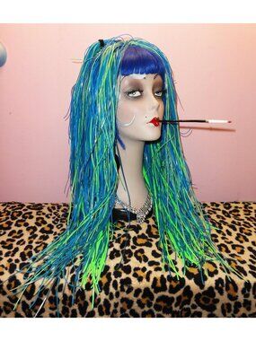 Vintage Blue & Green Rexlace Wig cyber goth cosplay raver club kid gothic